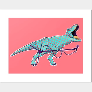 Retro dotted dinosaur with microphone Posters and Art